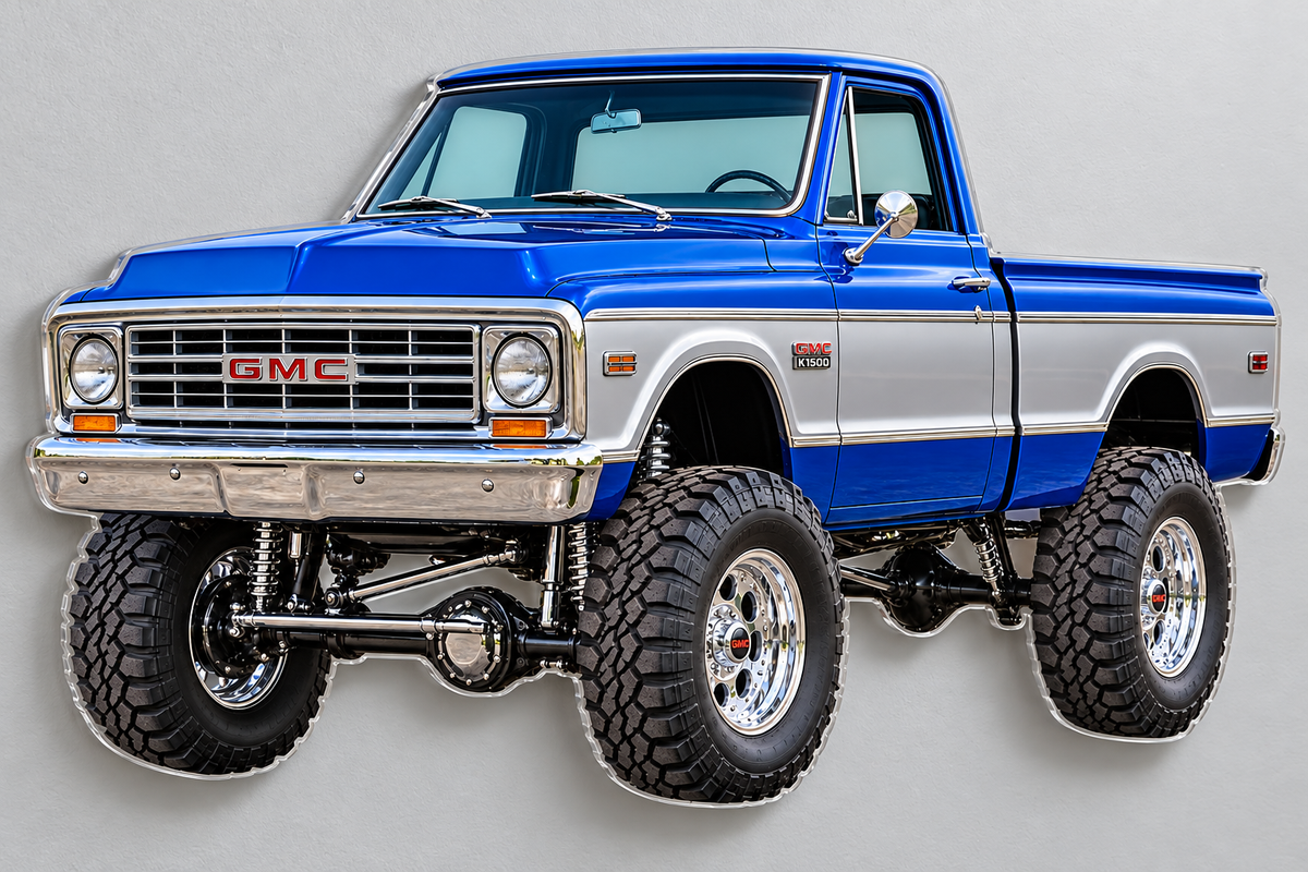 1967 GMC K1500 Royal Blue and Silver acrylic sign angle mockup