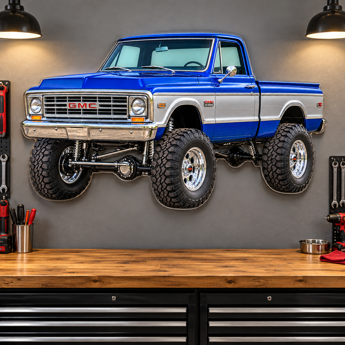 1967 GMC K1500 Royal Blue and Silver acrylic sign garage mockup