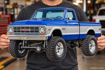 1967 GMC K1500 Royal Blue and Silver acrylic sign held mockup