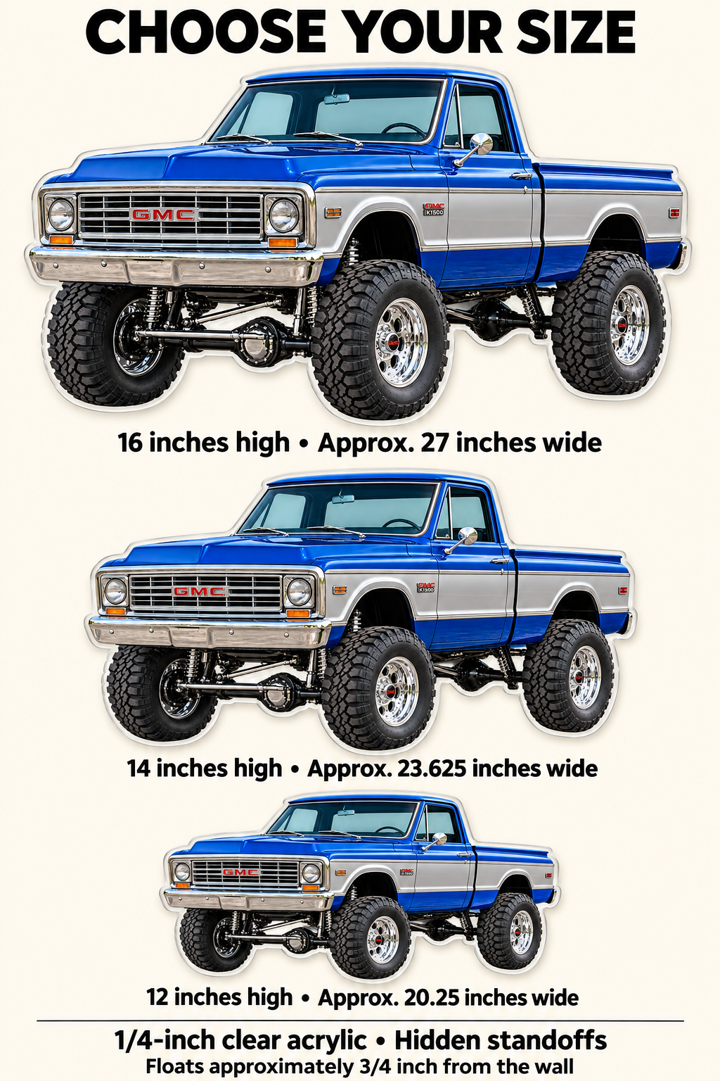 1967 GMC K1500 Royal Blue and Silver acrylic sign sizes mockup