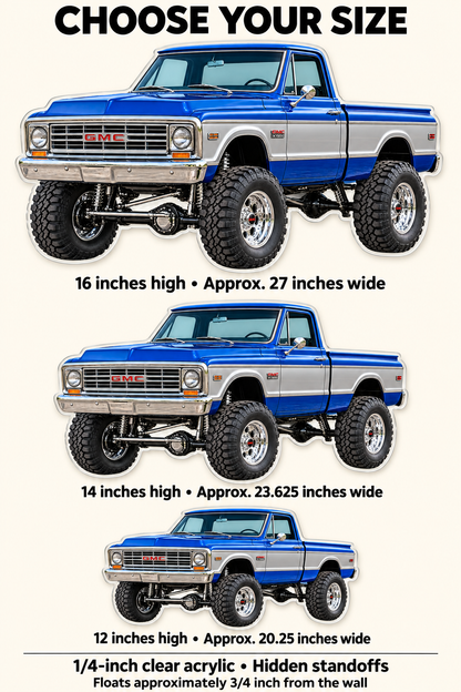 1967 GMC K1500 Royal Blue and Silver acrylic sign sizes mockup
