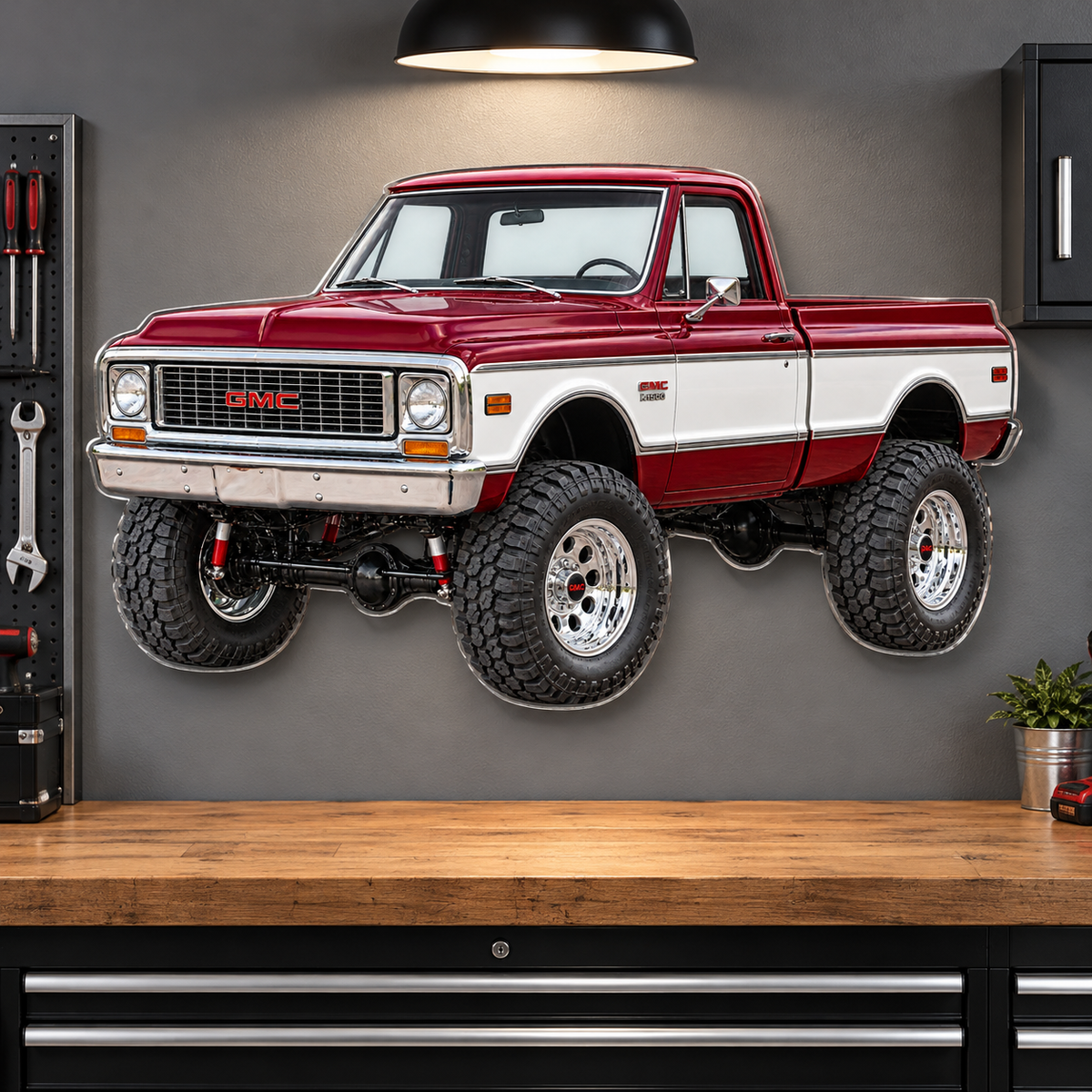 1972 GMC K1500 Burgundy and White acrylic truck sign garage mockup