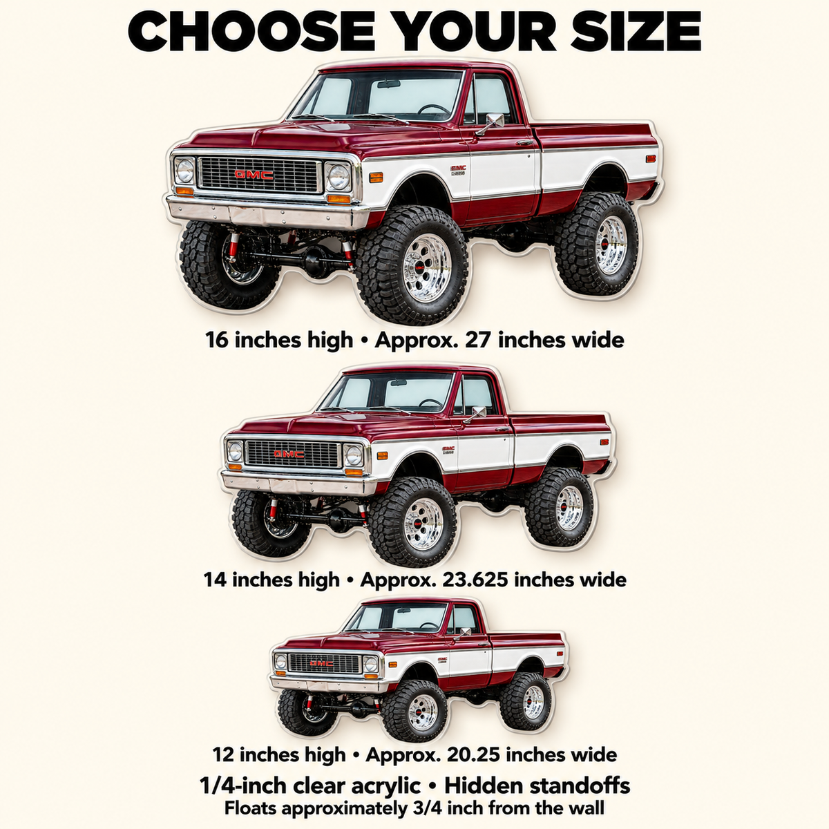 1972 GMC K1500 Burgundy and White acrylic truck sign sizes mockup