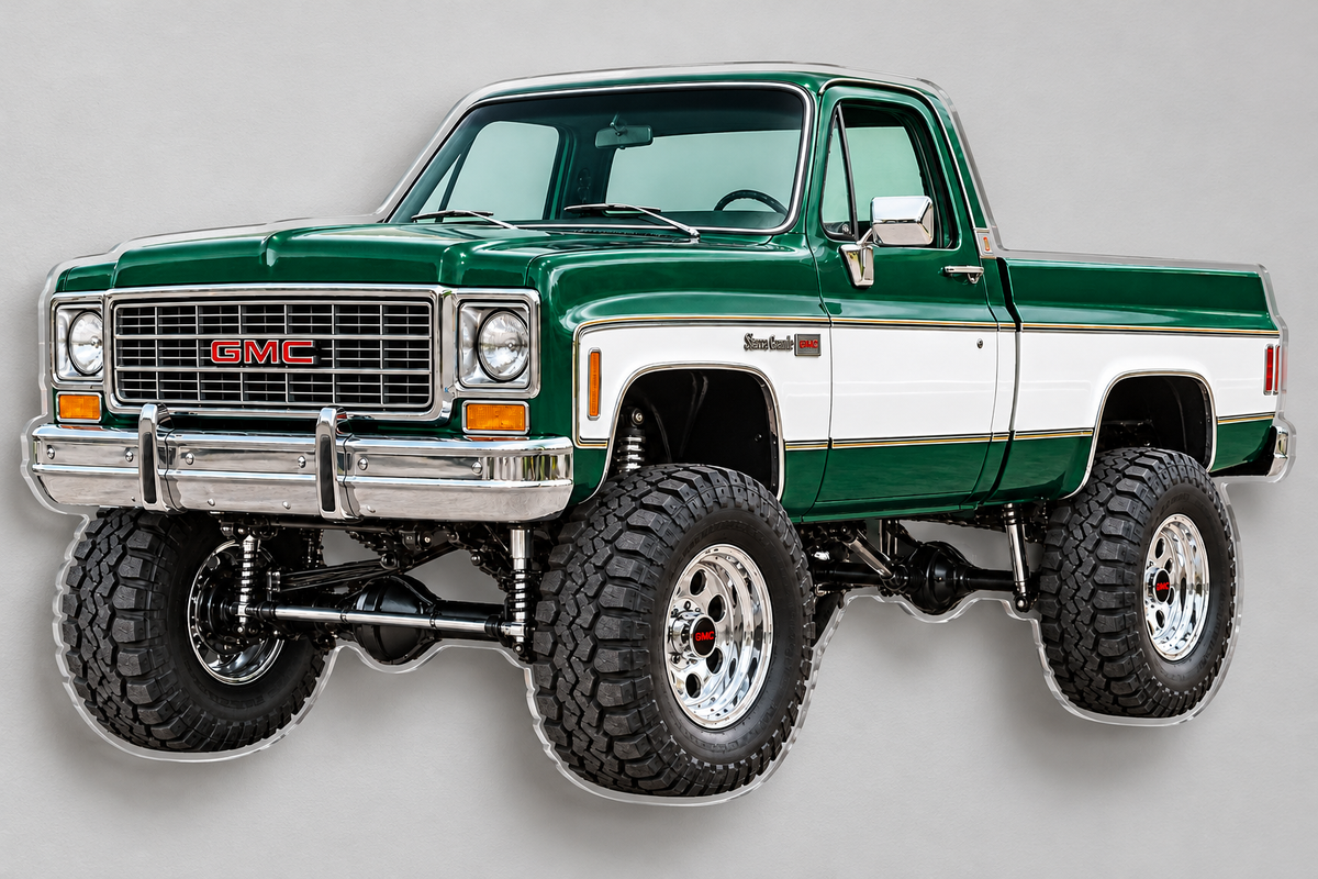 1976 GMC Sierra Grande acrylic sign angled floating wall view