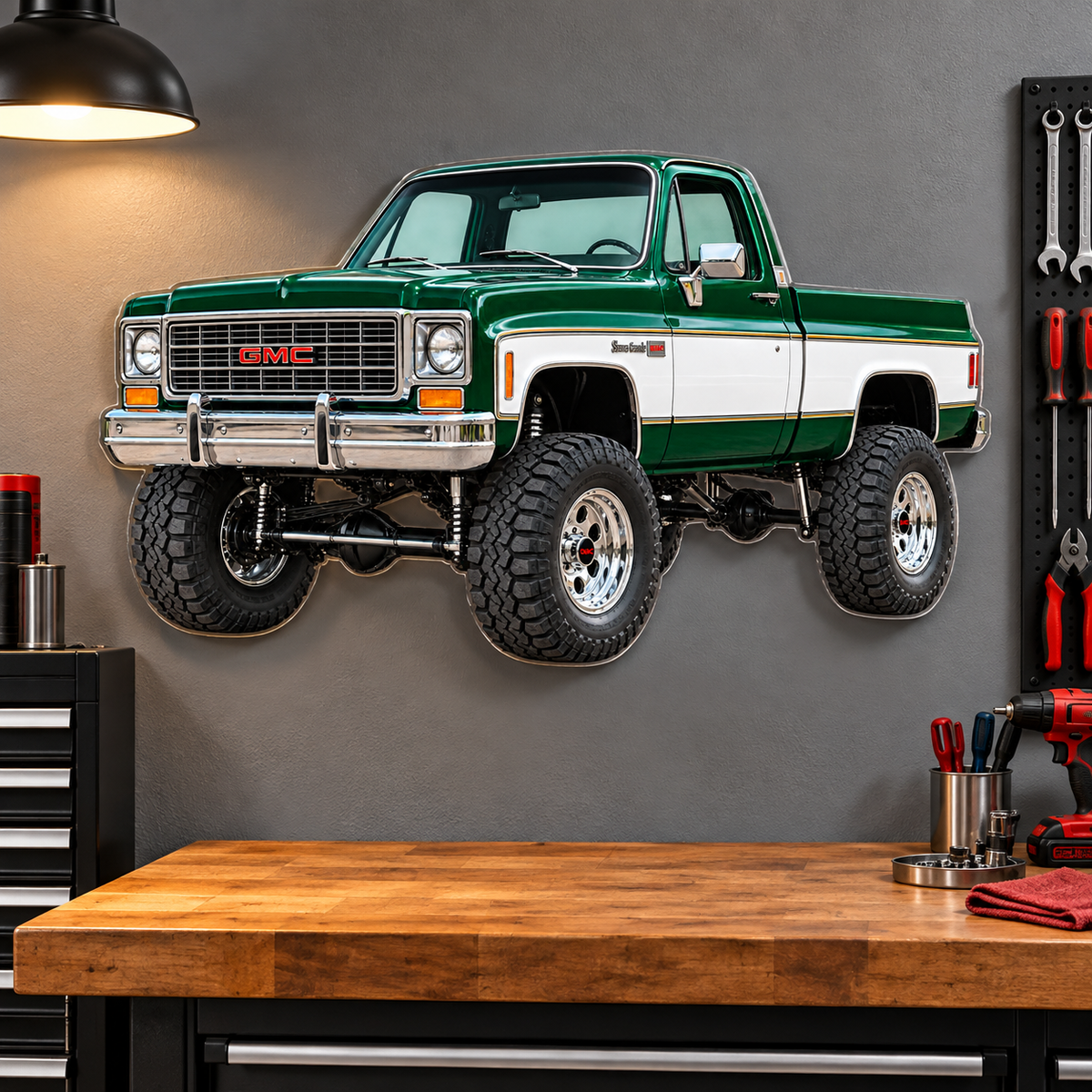1976 GMC Sierra Grande acrylic sign mounted over garage workbench on hidden standoffs