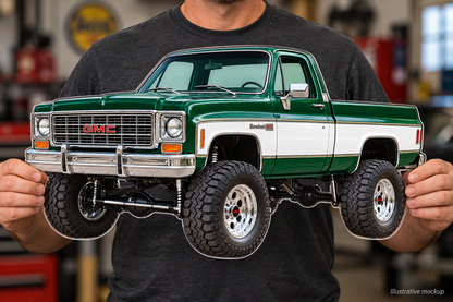 Person holding 1976 GMC Sierra Grande Emerald Green and White acrylic truck sign, illustrative mockup