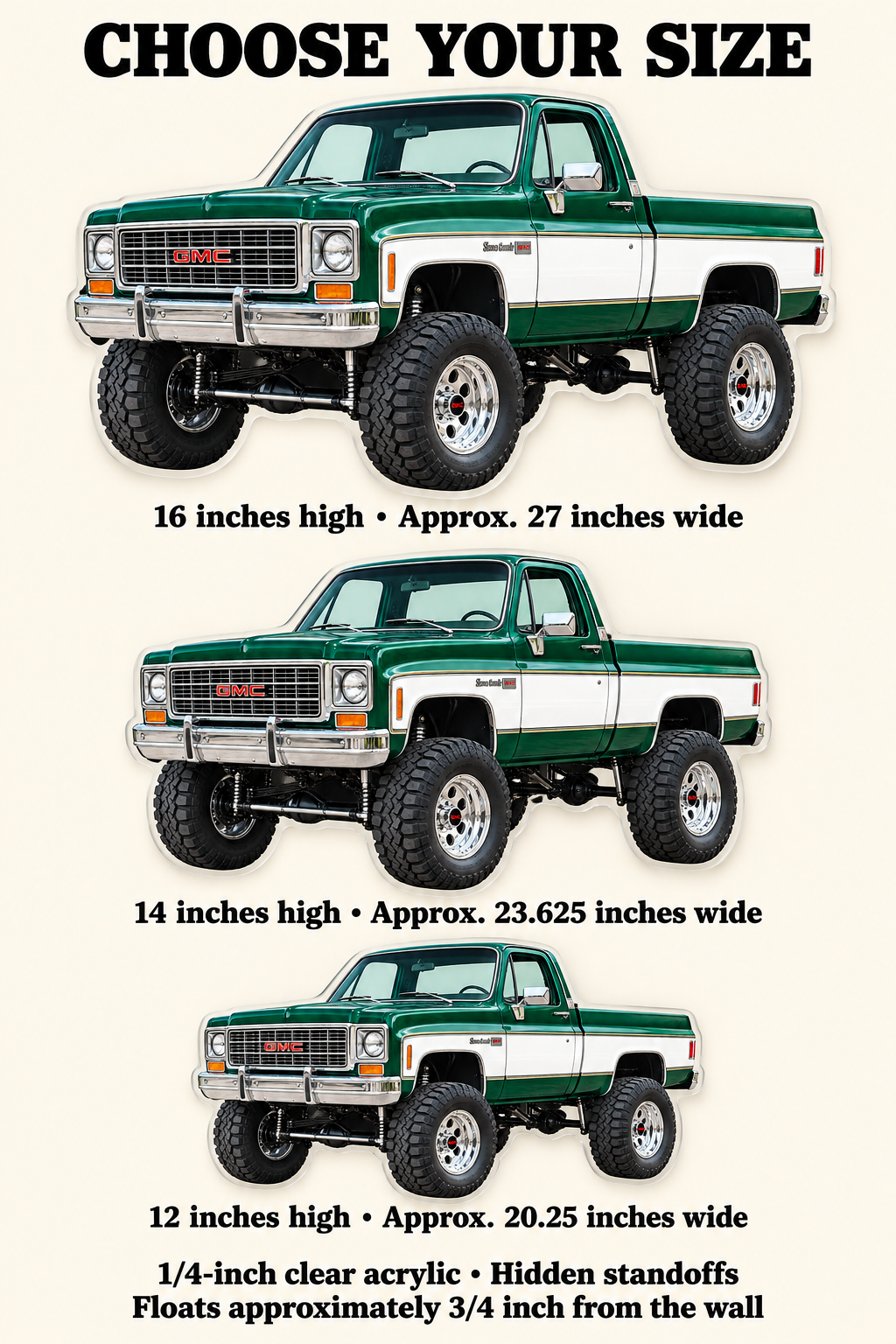 1976 GMC Sierra Grande acrylic sign size guide for 12, 14 and 16 inch heights