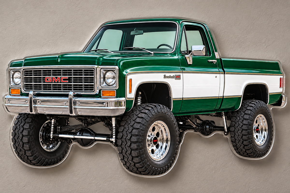 1976 GMC Sierra Grande Emerald Green and White clear acrylic sign floating on hidden standoffs