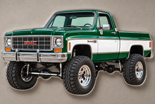 1976 GMC Sierra Grande Emerald Green and White clear acrylic sign floating on hidden standoffs