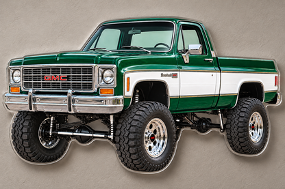 1976 GMC Sierra Grande Emerald Green and White clear acrylic sign floating on hidden standoffs