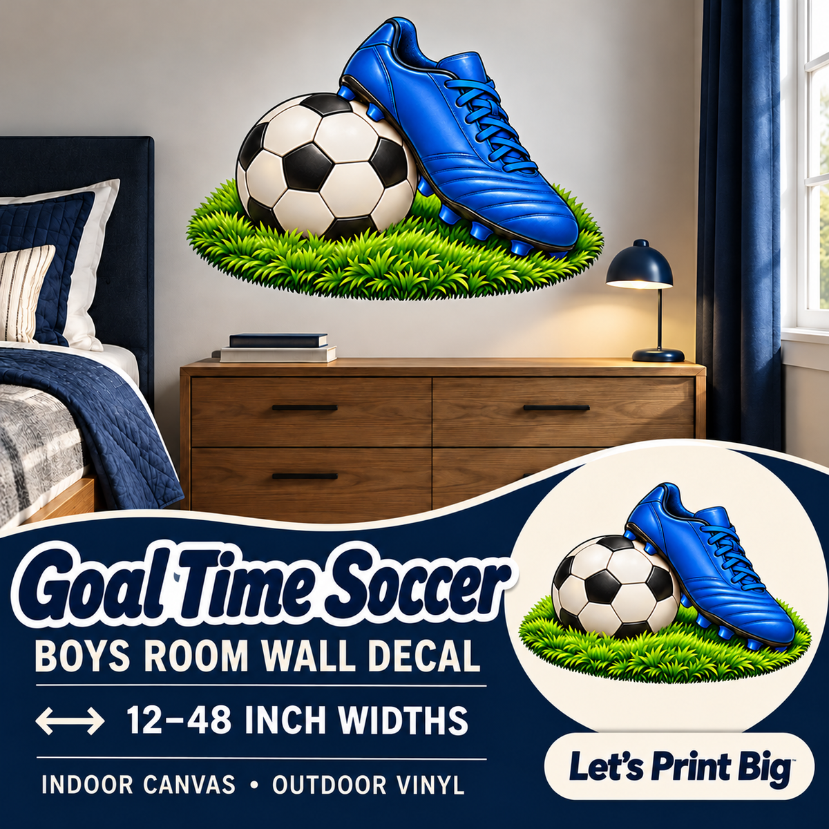 Goal Time Soccer – Boys Room Wall Decal summary and bedroom mockup – 12 to 48 inch widths
