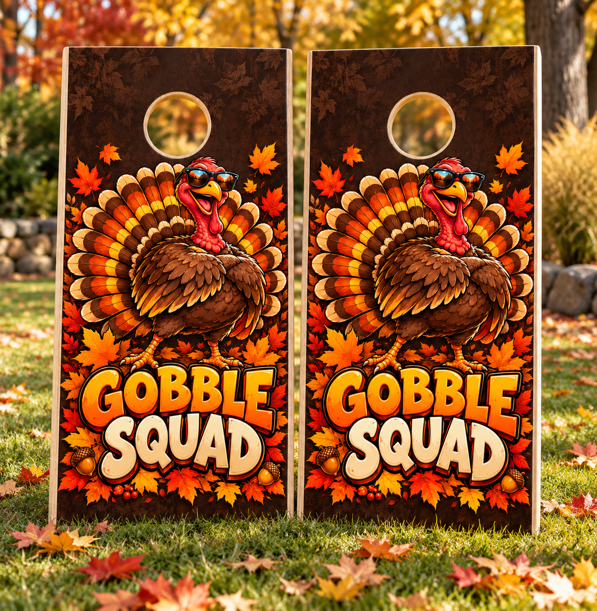 Gobble Squad Thanksgiving Turkey Cornhole Board Wraps on matching pair of cornhole boards