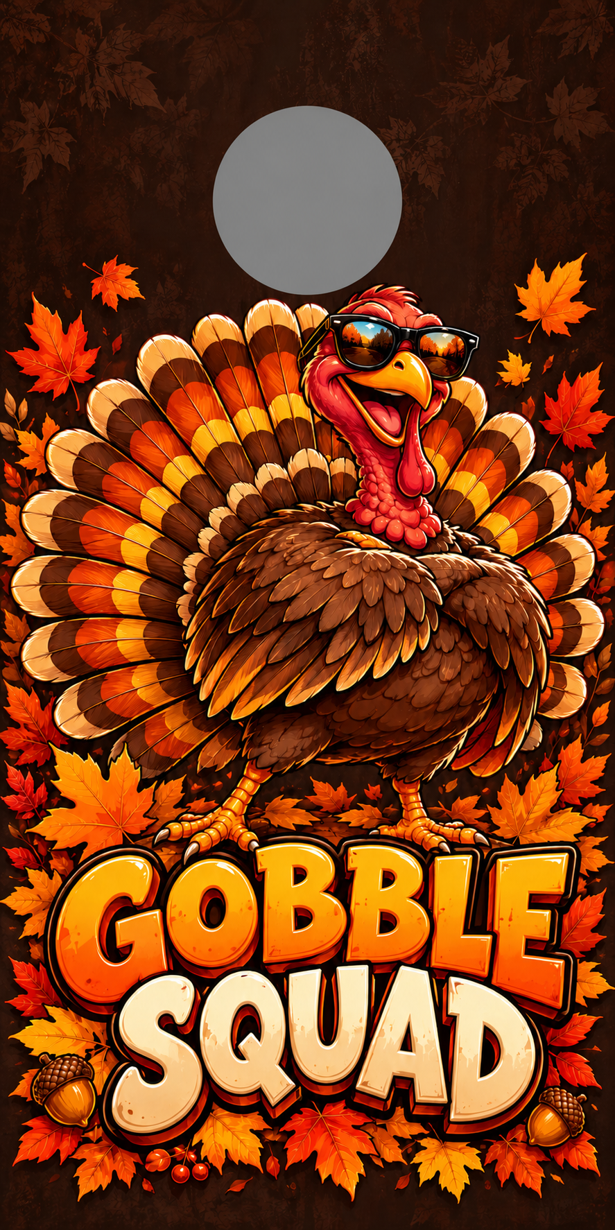 Gobble Squad Thanksgiving Turkey Cornhole Board Wraps with gray hole placement preview