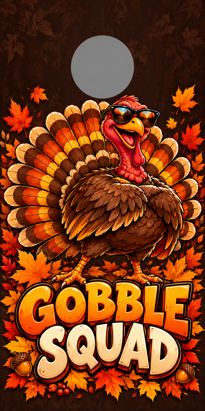 Gobble Squad Thanksgiving Turkey Cornhole Board Wraps with gray hole placement preview
