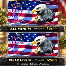 God Bless The USA Eagle American Flag License Plate Car Tag — aluminum $19.99 and ⅛-inch clear acrylic $24.99 material comparison