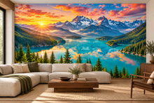 Golden Sunrise Alpine Lake Wall Mural shown installed in a styled living room