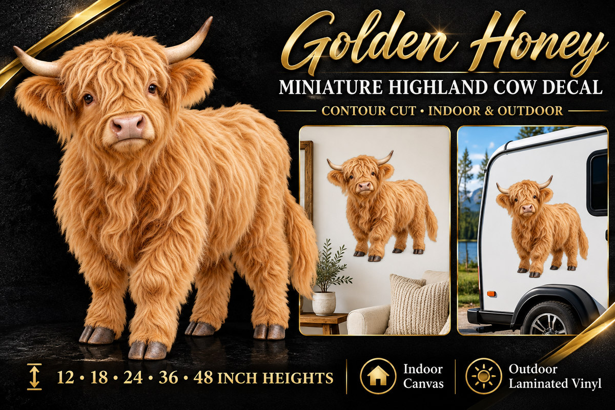 Golden Honey miniature Highland cow decal summary — 12 to 48 inch heights
