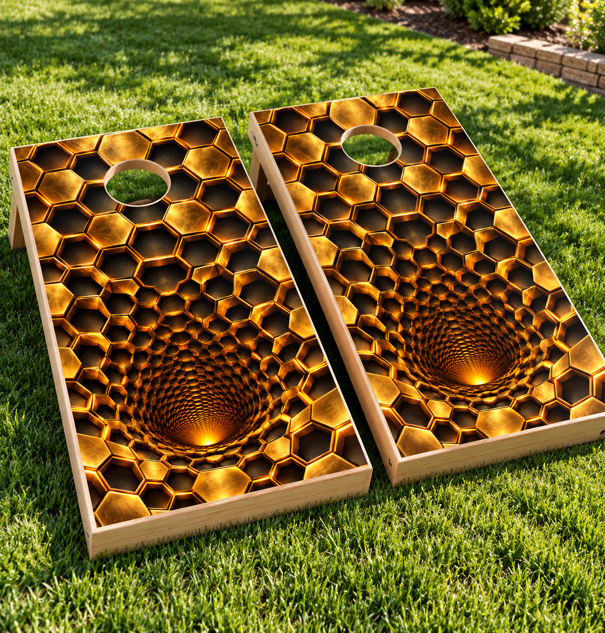 Golden Honeycomb Abyss installed cornhole board mockup; boards not included