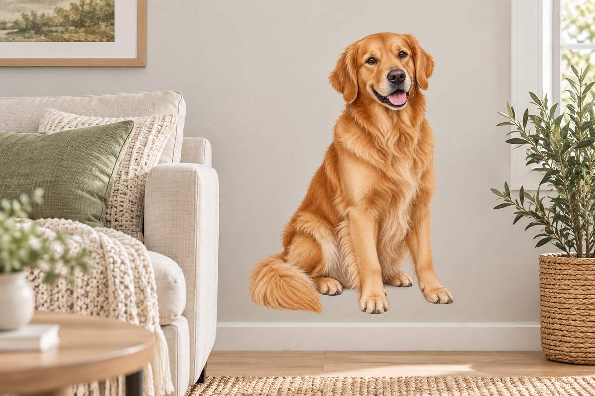 Golden Retriever contour cut dog decal living room wall mockup