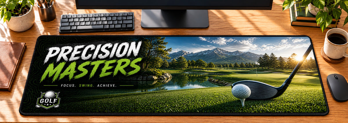 Golf Course Precision Masters Desk Mat in use on a warm wood office desk — overhead workspace view