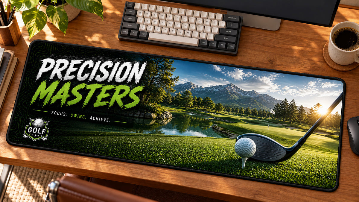 Golf Course Precision Masters Desk Mat in use on a warm wood office desk — angled workspace view