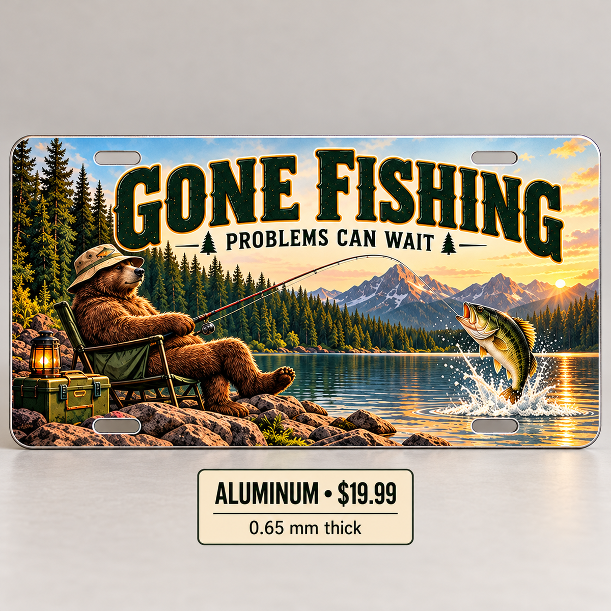Gone Fishing funny license plate — 0.65 mm aluminum $19.99