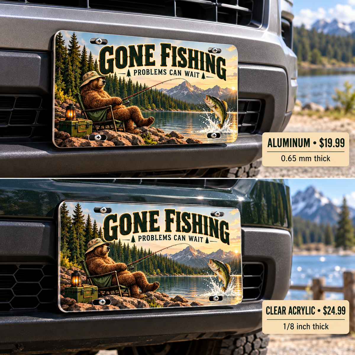 Gone Fishing funny license plate — aluminum and acrylic plates mounted on vehicles