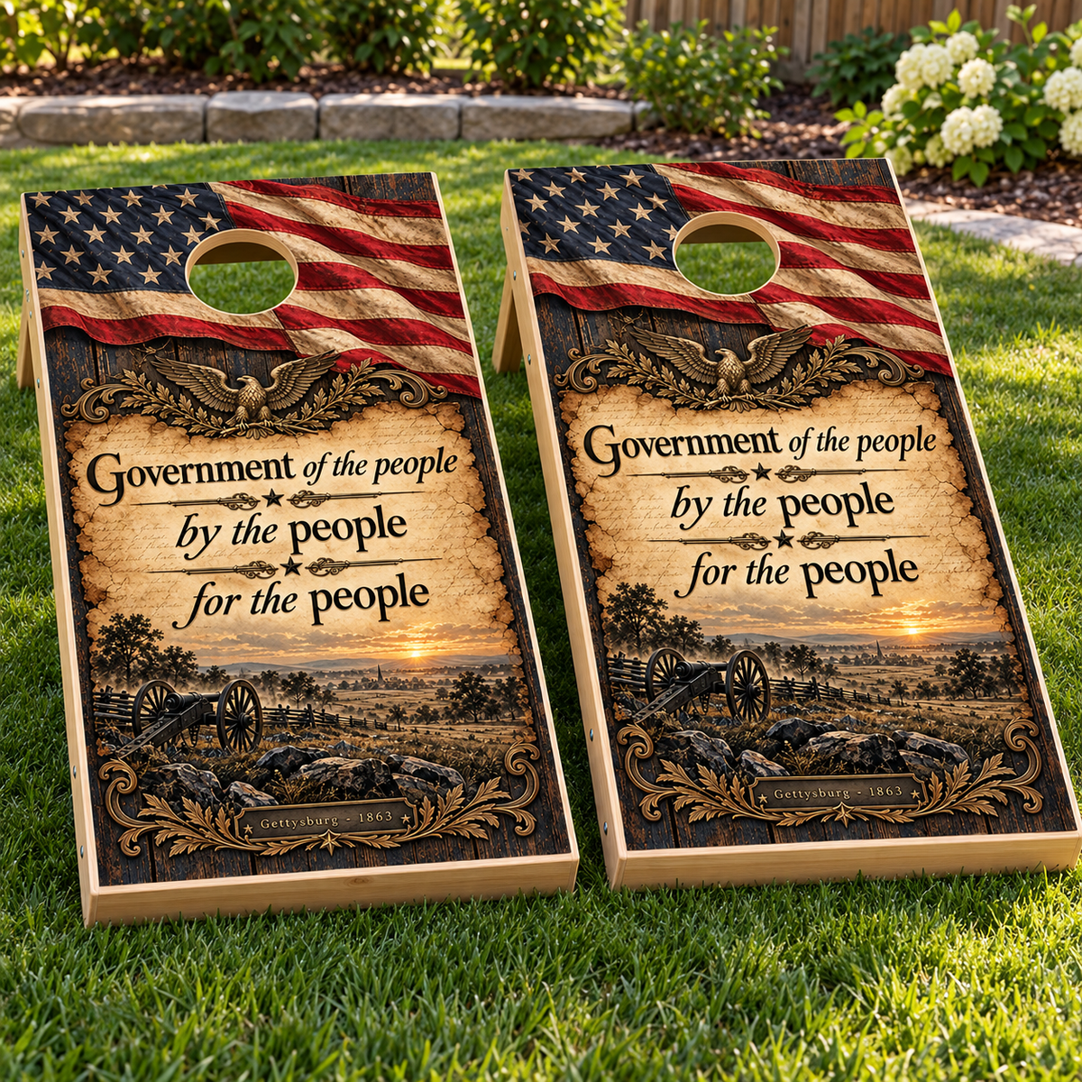 Government of the People Cornhole Board Wraps installed on two boards; boards not included