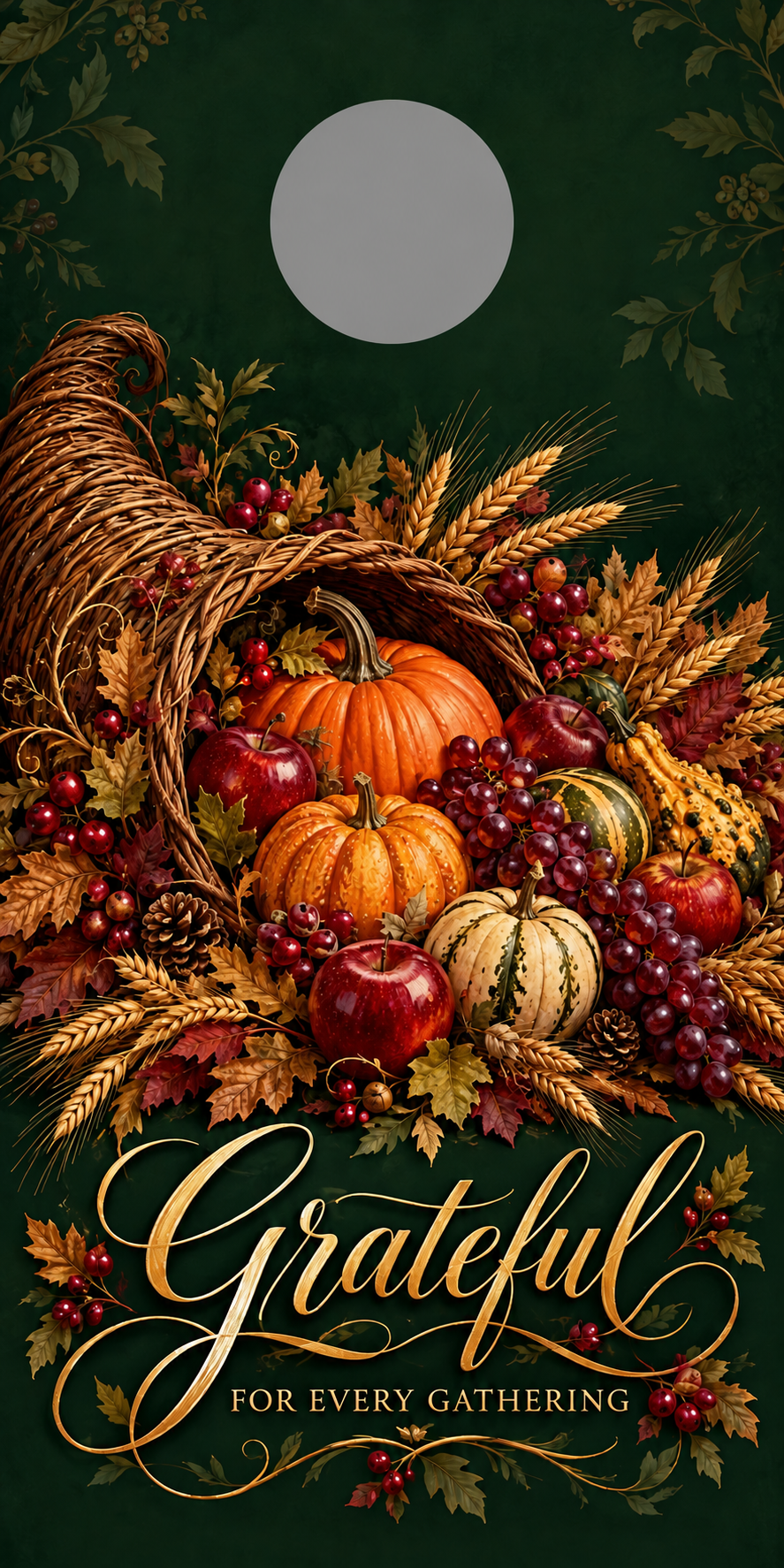 Grateful Gatherings Cornucopia Cornhole Board Wraps gray hole placement preview