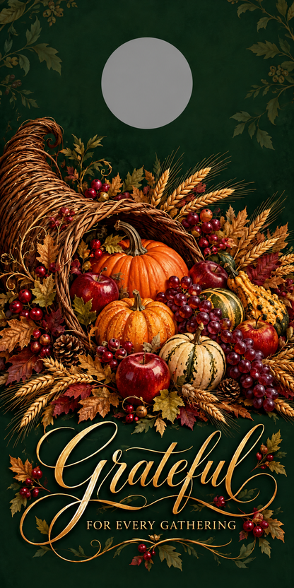 Grateful Gatherings Cornucopia Cornhole Board Wraps gray hole placement preview