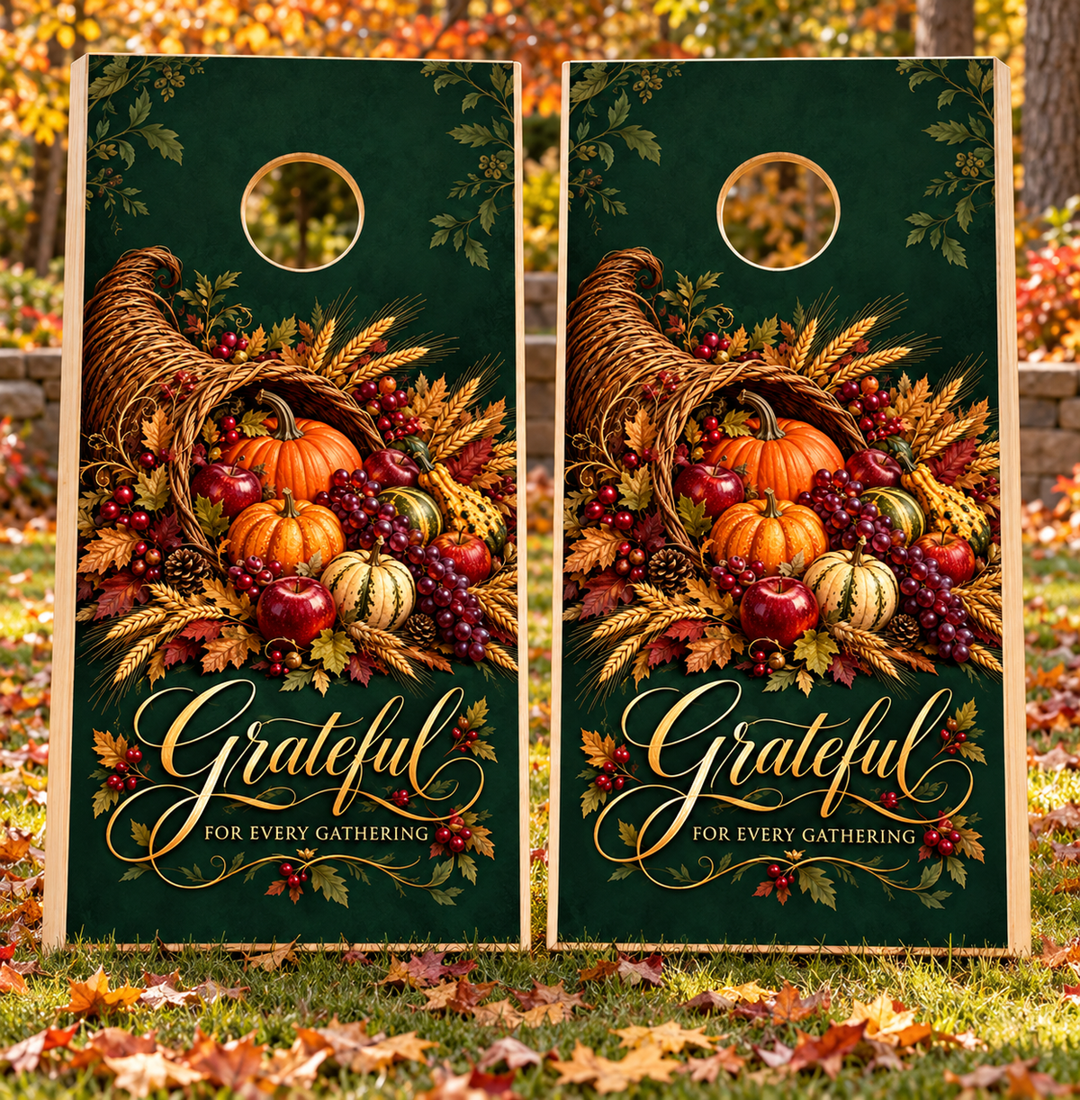 Grateful Gatherings Cornucopia Cornhole Board Wraps board pair mockup