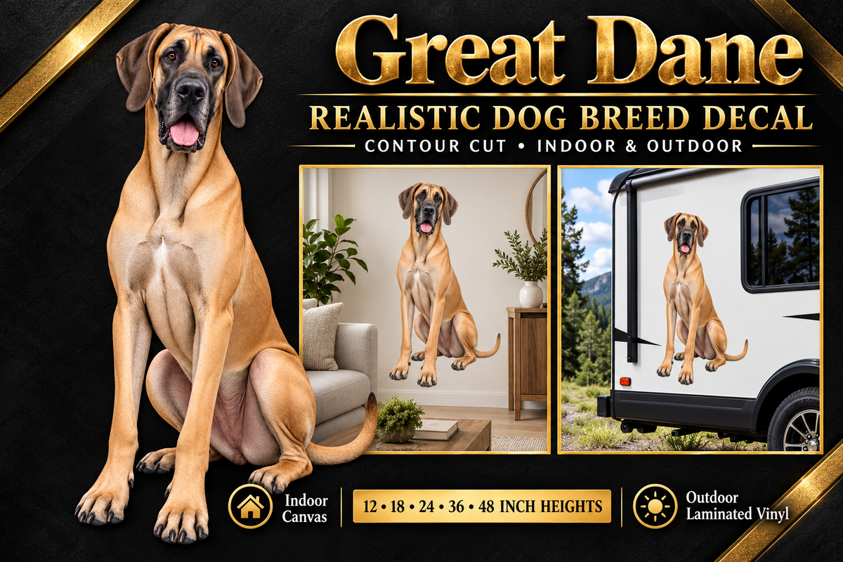 Great Dane decal summary with indoor and outdoor examples — sizes 12 to 48 inches high