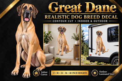 Great Dane decal summary with indoor and outdoor examples — sizes 12 to 48 inches high
