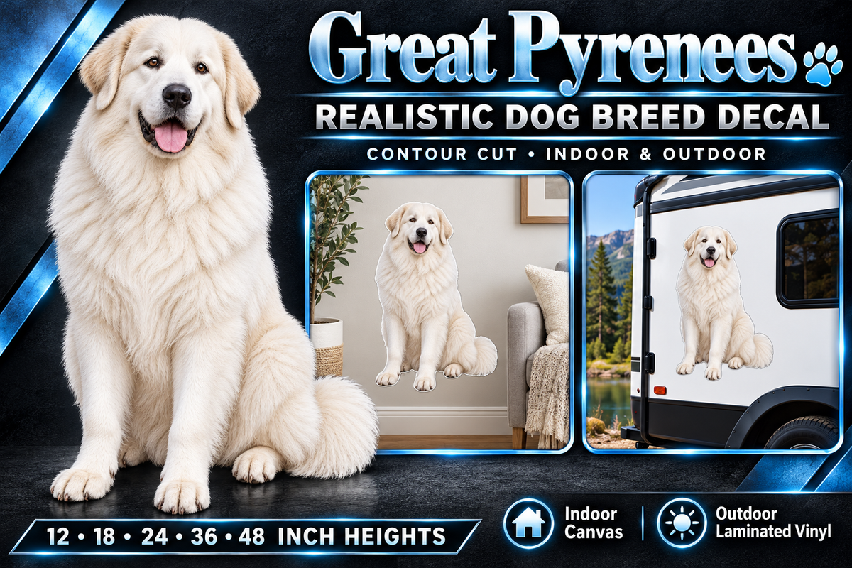 Great Pyrenees decal summary — 12 to 48 inch heights, indoor and outdoor