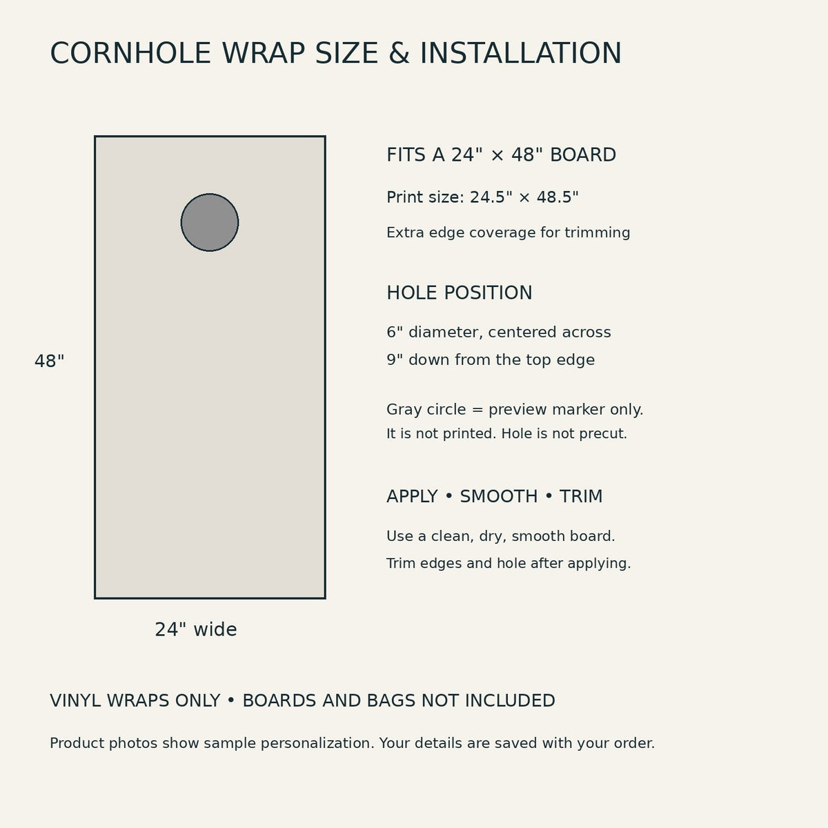 Cornhole wrap dimensions and installation guide; hole not precut