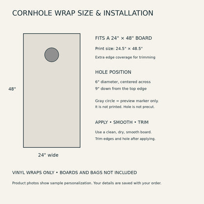 Cornhole wrap dimensions and installation guide; hole not precut