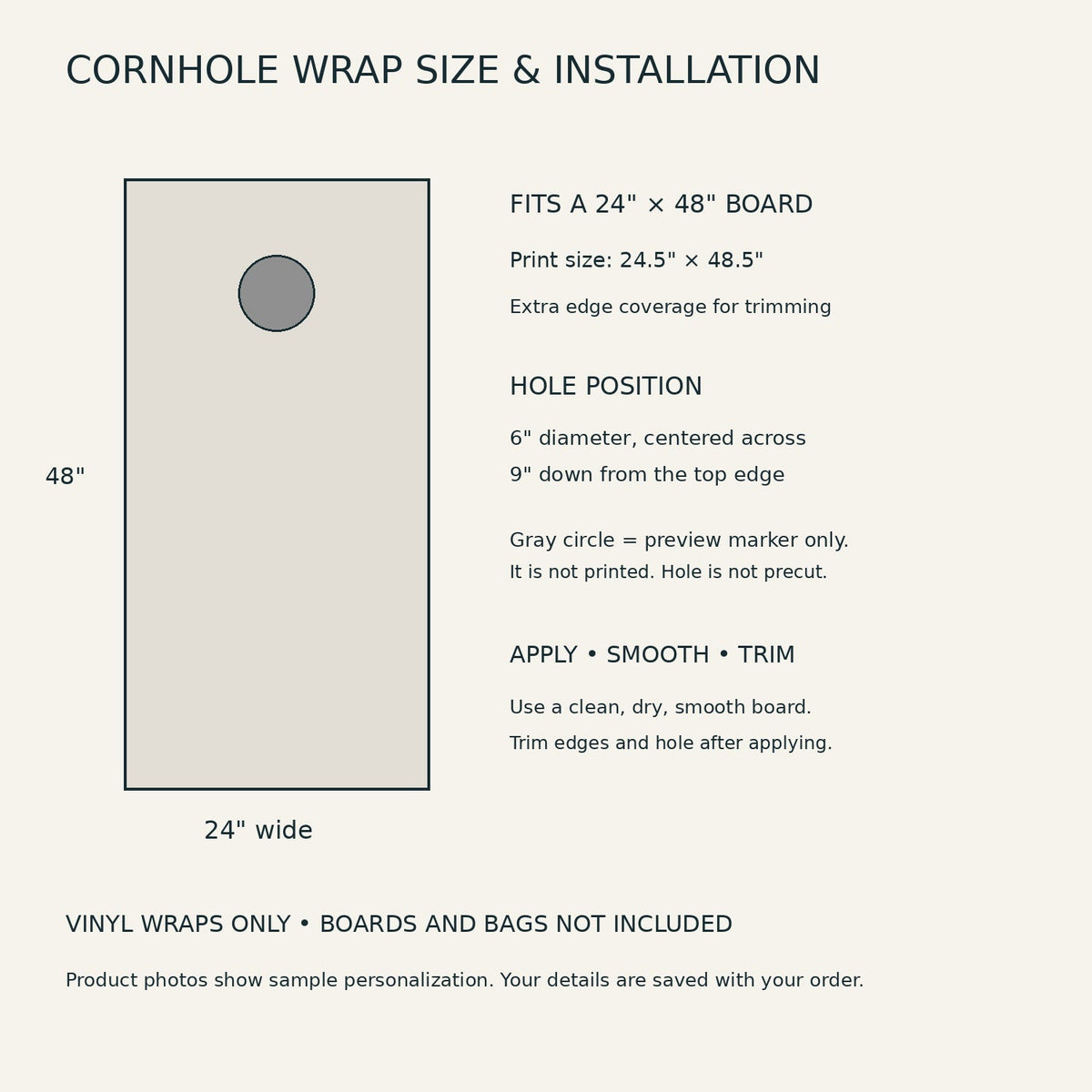 Cornhole wrap dimensions and installation guide; hole not precut