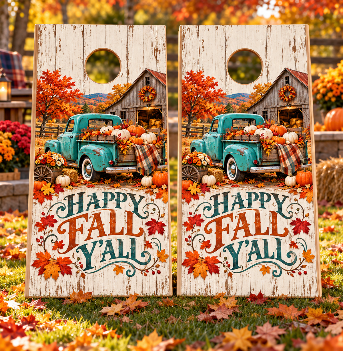 Happy Fall Yall Pumpkin Truck Cornhole Board Wraps board pair mockup