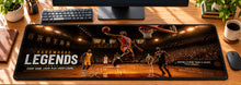 Hardwood Basketball Legends Desk Mat in use on a warm wood office desk — overhead workspace view