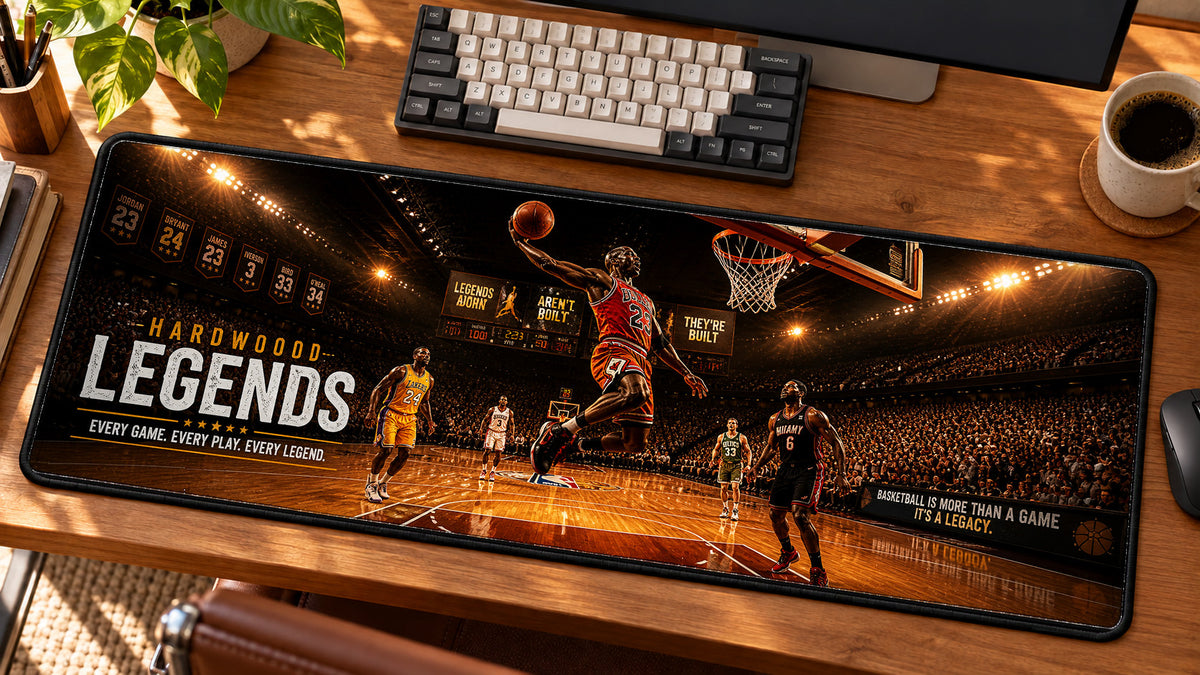 Hardwood Basketball Legends Desk Mat in use on a warm wood office desk — angled workspace view