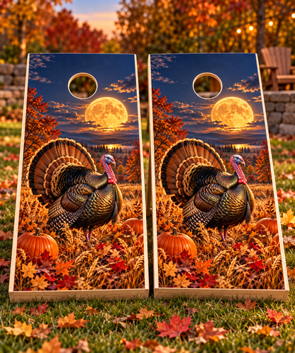 Harvest Moon Turkey Thanksgiving Cornhole Board Wraps matching pair of board mockups