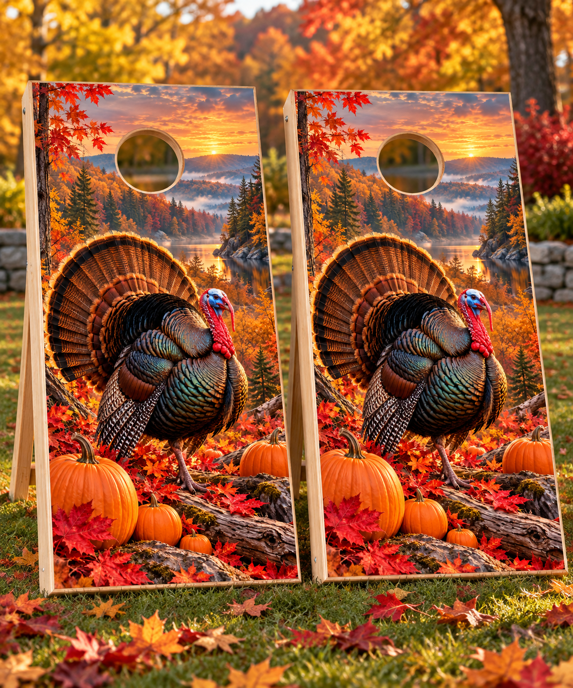 Harvest Turkey Thanksgiving Cornhole Board Wraps on matching pair of cornhole boards