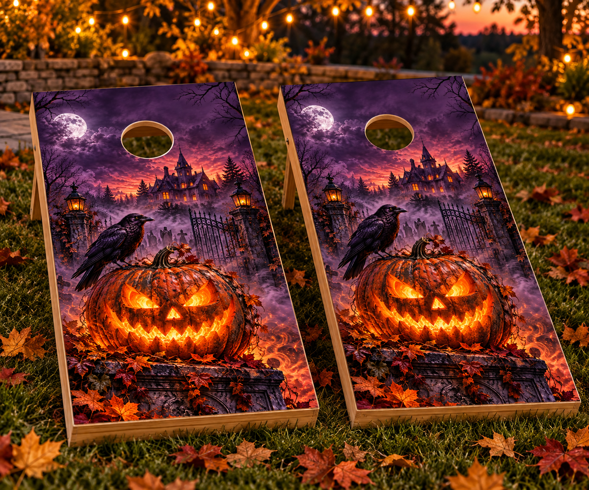 Illustrative mockup of Haunted Harvest Halloween wraps installed on two cornhole boards; boards not included