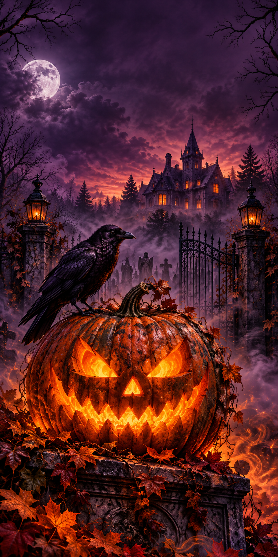Haunted Harvest Halloween cornhole wrap artwork with glowing pumpkin, raven and gothic mansion