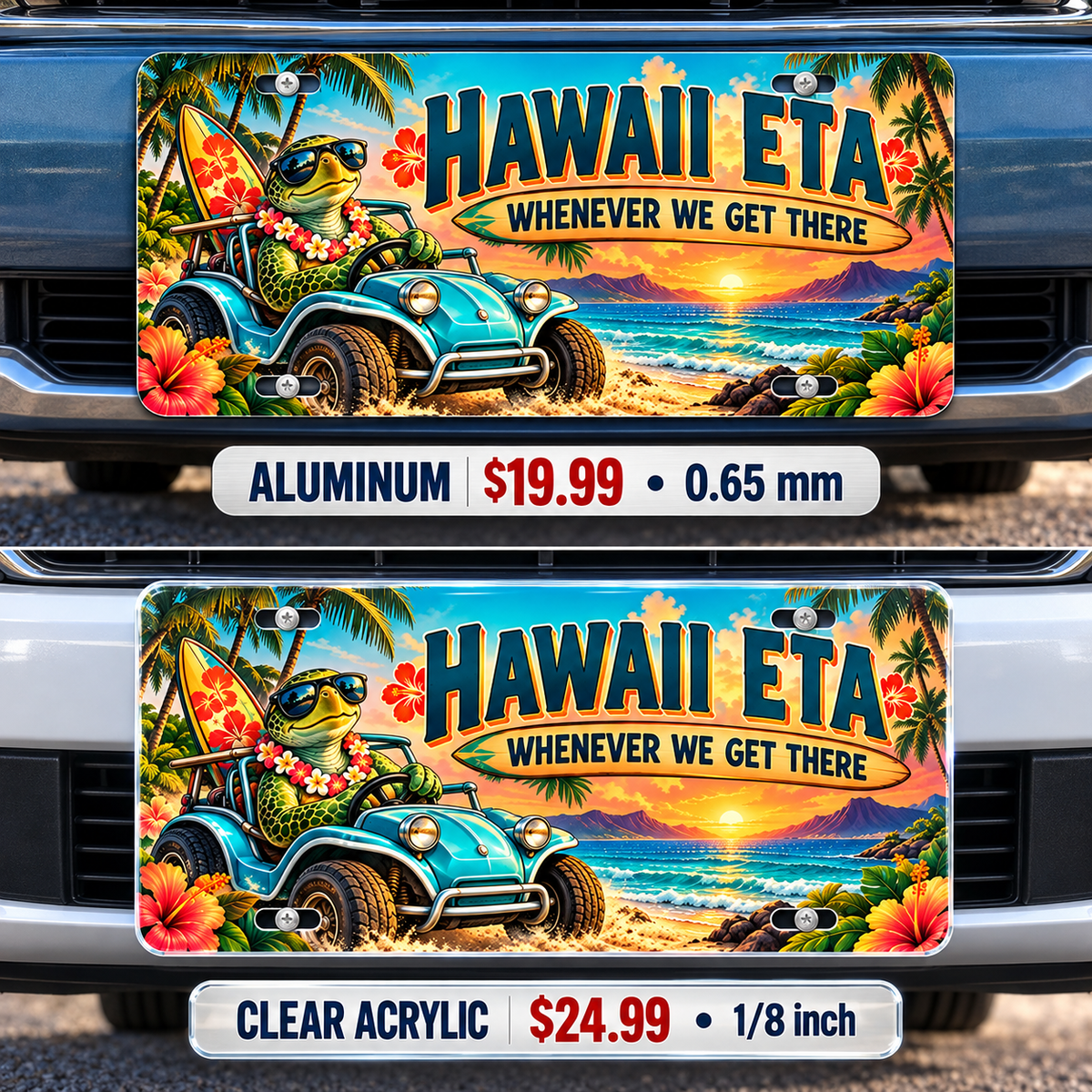 Hawaii Island Time funny license plate — aluminum and acrylic vehicle mockups