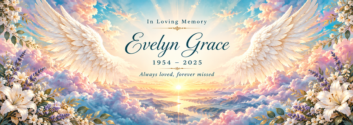 Heavenly Light Angel Wings personalized memorial desk mat — sample name and dates