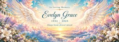 Heavenly Light Angel Wings personalized memorial desk mat — sample name and dates