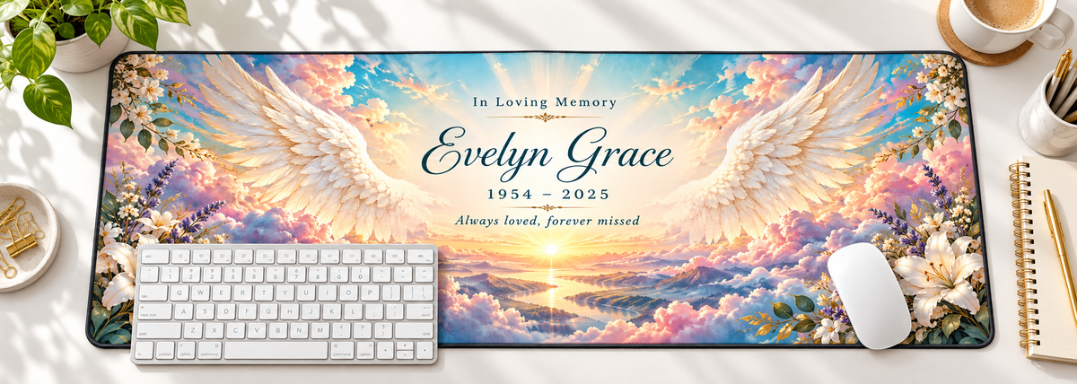 Heavenly Light Angel Wings personalized memorial desk mat — overhead workspace mockup
