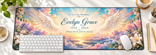 Heavenly Light Angel Wings personalized memorial desk mat — overhead workspace mockup