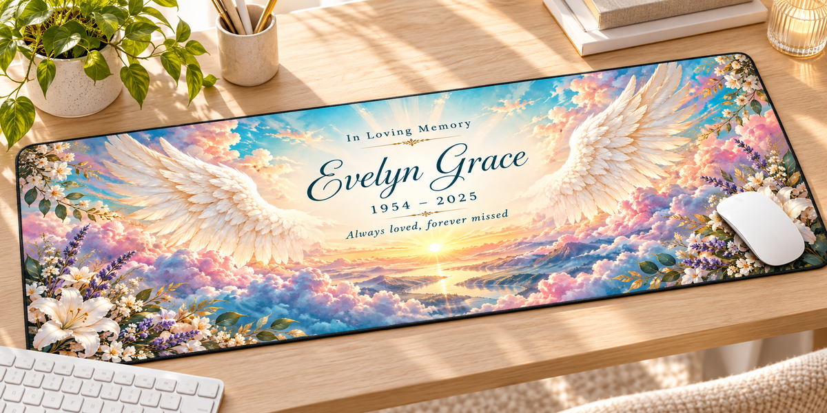 Heavenly Light Angel Wings personalized memorial desk mat — angled workspace mockup
